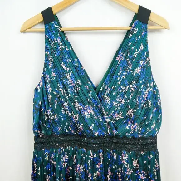 Banana Republic Sleeveless Micro Pleat Dress Sz 8 Petite Green Blue Floral Midi - Picture 4 of 13